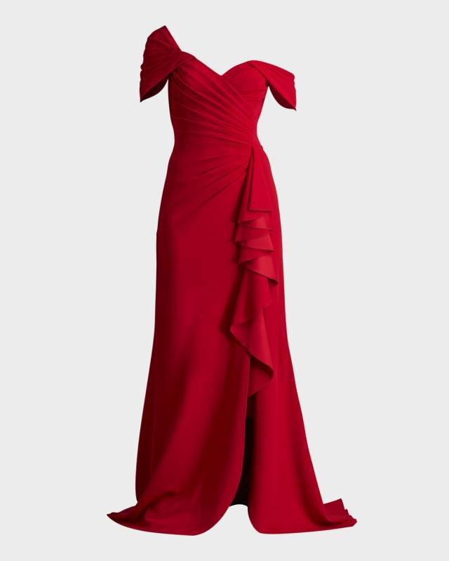 Off-Shoulder Pleated Ruffle Gown